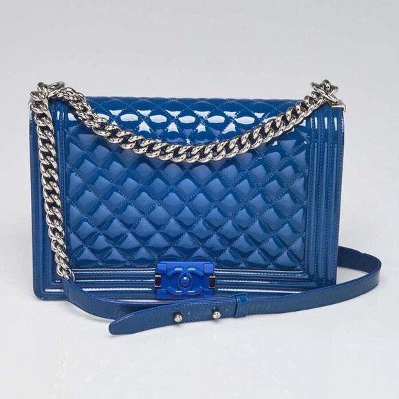 Chanel Blue Quilted Patent Leather New Medium Plexiglass Boy Bag - Picture 1 of 10